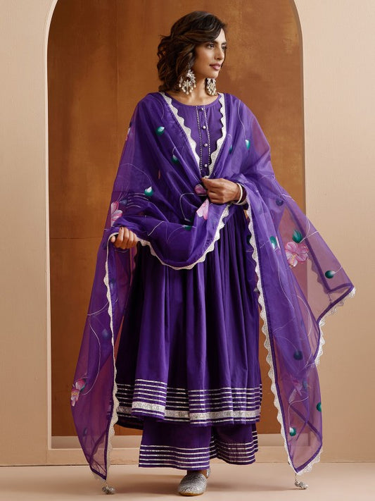 Ishin Gotta Patti Pure Cotton Round Neck Anarkali Kurta With Palazzos And Dupatta