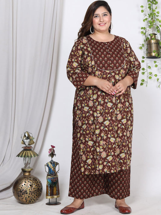 Swasti Plus Size Floral Printed Pure Cotton Kurta With Trousers & Dupatta