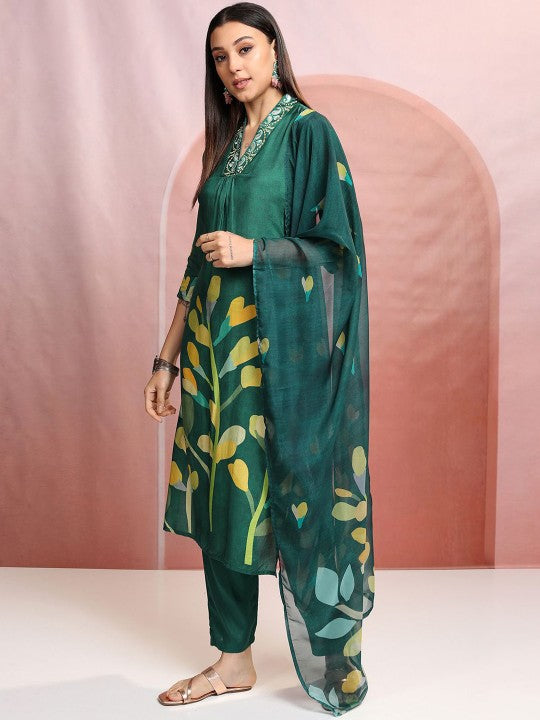 Vishudh Green Floral Printed V-Neck Straight Kurta With Trousers & Dupatta
