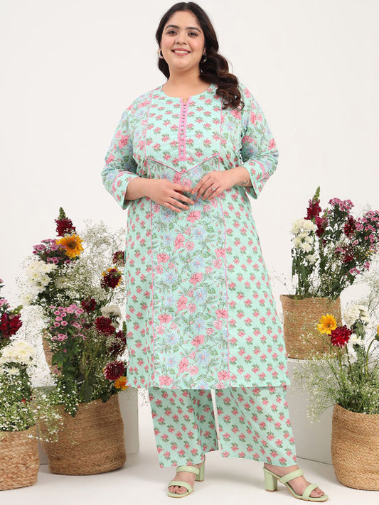 Tissu Plus Size Floral Printed Round Neck Pure Cotton Straight Kurta with Palazzos