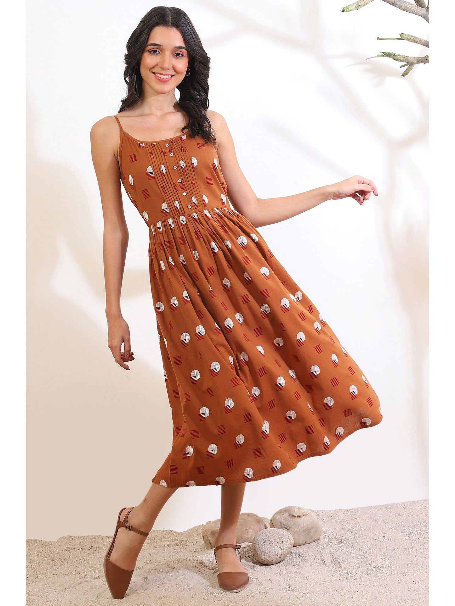 Womens Brown Woven Yarn Dyed Dress