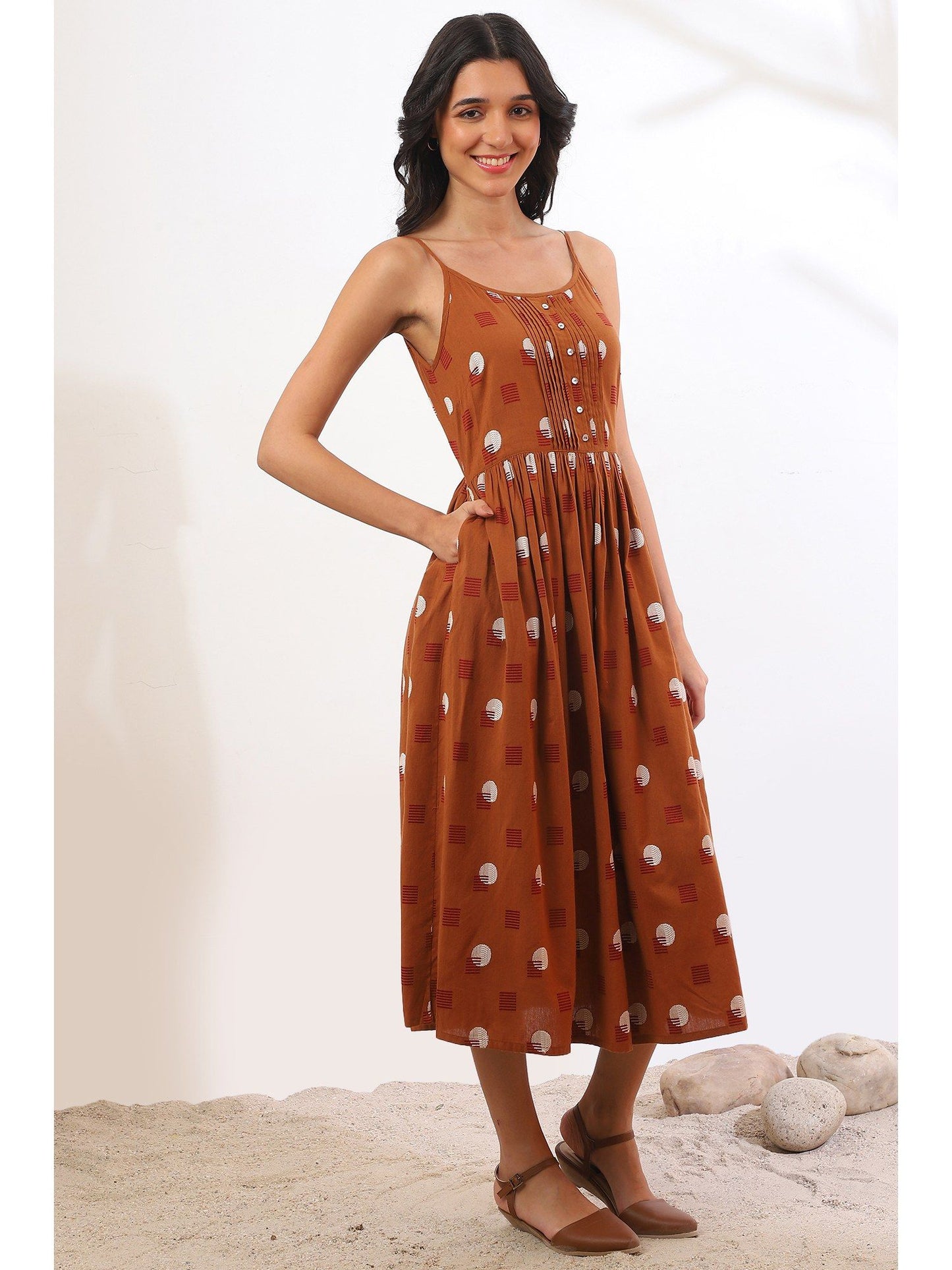 Womens Brown Woven Yarn Dyed Dress