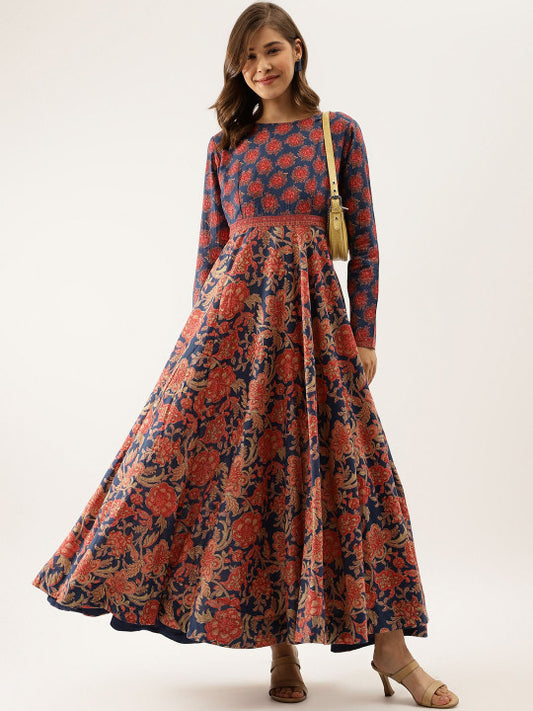 Divena Floral Printed Pure Cotton Fit and Flare Maxi Ethnic Dress