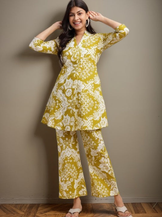 SZN Women Mehendi Green Floral Print Flare Cotton Stitched Co-Ord Set