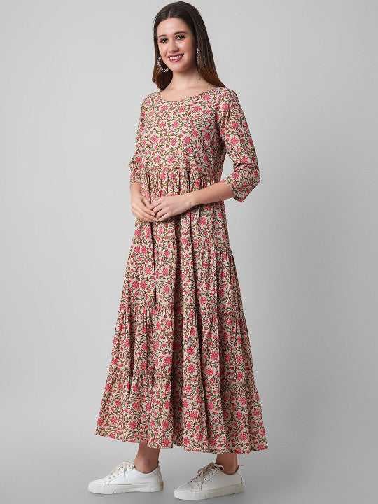 Haute and Humble Floral Printed Pure Cotton Fit & Flare Ethnic Dress
