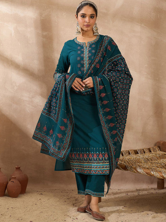 Indo Era Ethnic Motifs Printed Notch Neck Pure Cotton Kurta With Trousers & Dupatta