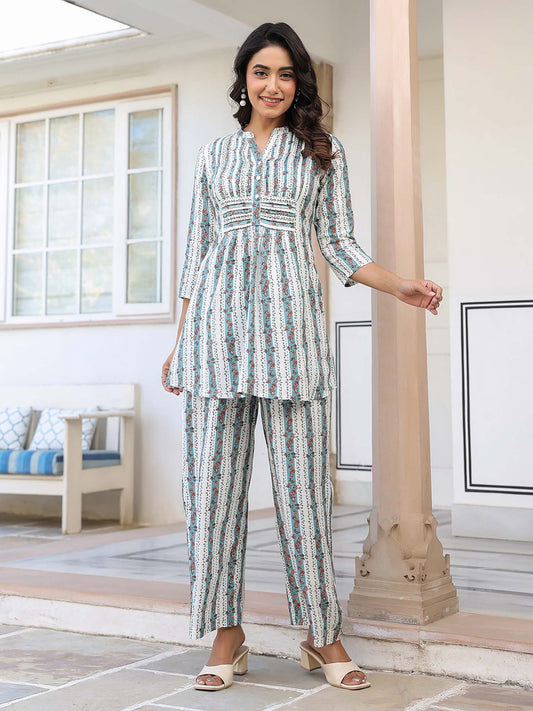 Women White Floral Co-Ord (Set of 2)
