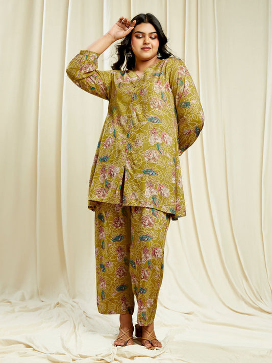 Gloplus Women Yellow V-Neck Floral Print Tunic With Wide Leg Trousers Plus Size Co-Ord Set