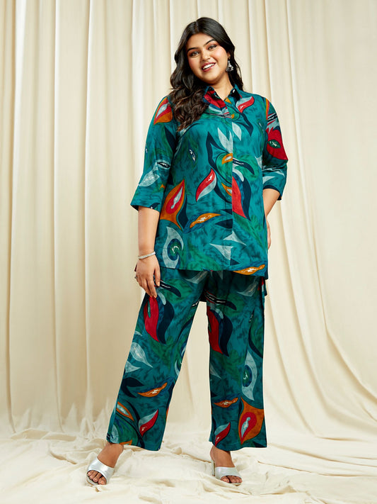 Gloplus Women Teal Abstract Print Shirt Style Tunic with Trousers Plus Size Fusion Co-Ord Set