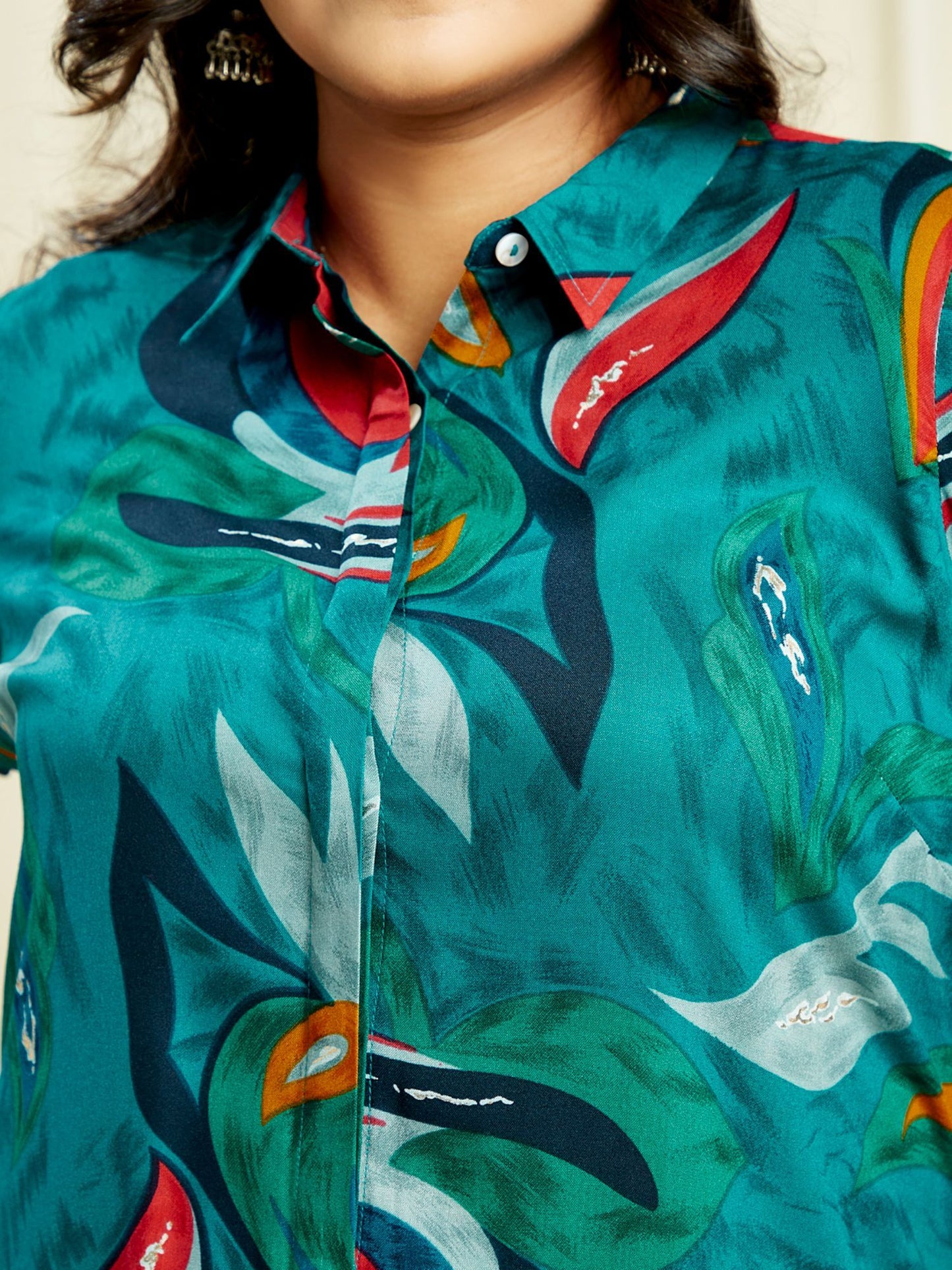 Gloplus Women Teal Abstract Print Shirt Style Tunic with Trousers Plus Size Fusion Co-Ord Set