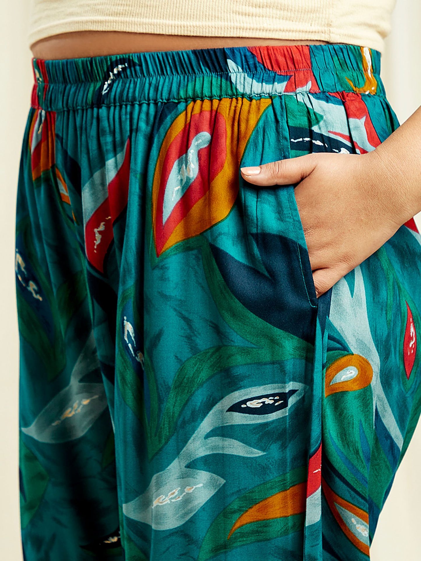 Gloplus Women Teal Abstract Print Shirt Style Tunic with Trousers Plus Size Fusion Co-Ord Set