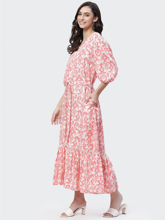 Biba White & Pink Ethnic Motifs Printed A-Line Maxi Dress