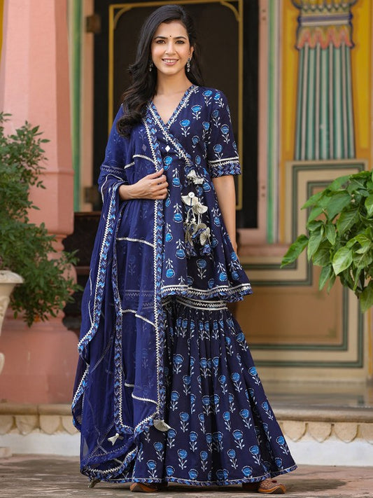 GILLORI Printed Mirror Work Gotta Patti Angrakha Pure Cotton Kurta with Sharara & Dupatta