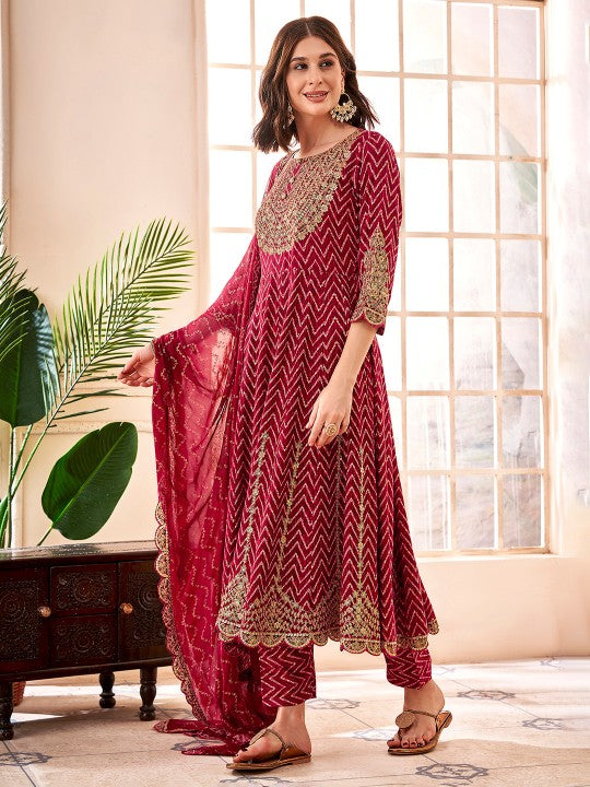 Anouk Maroon Chevron Embroidered Empire Thread Work  Anarkali Kurta