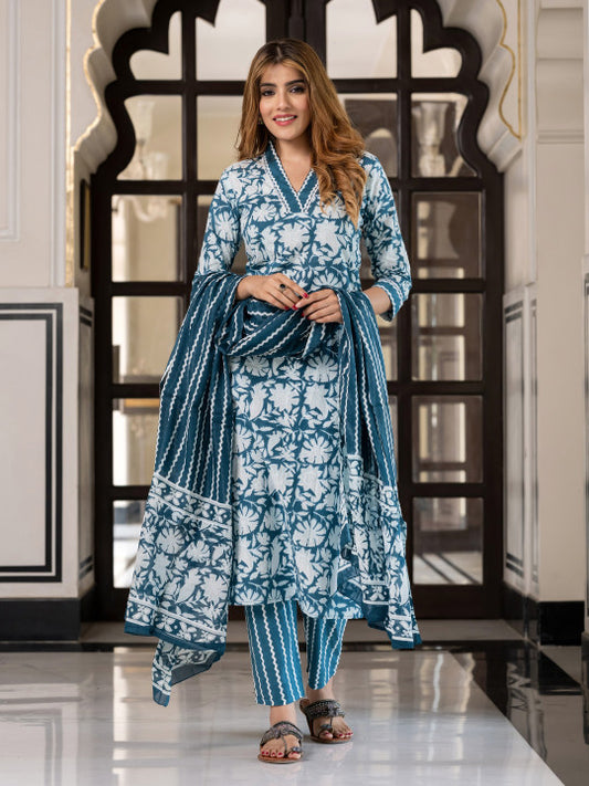 Jaitpuriya Floral Printed V-Neck Pure Cotton Straight Kurta With Trousers & Dupatta