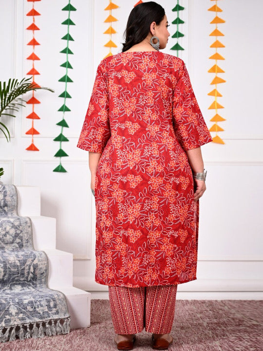 Swasti Plus Size Floral Printed Regular Pure Cotton Kurta With Trousers & Dupatta