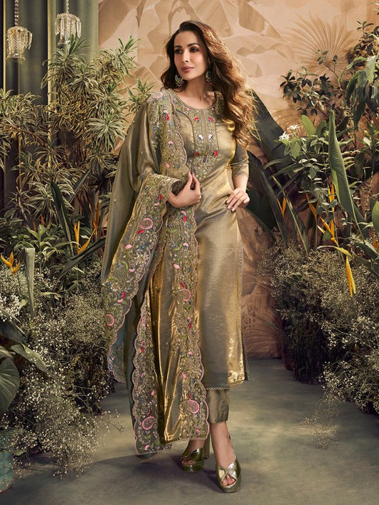 Inddus Women Floral Embroidered Zari Straight Crushed Organza Kurta