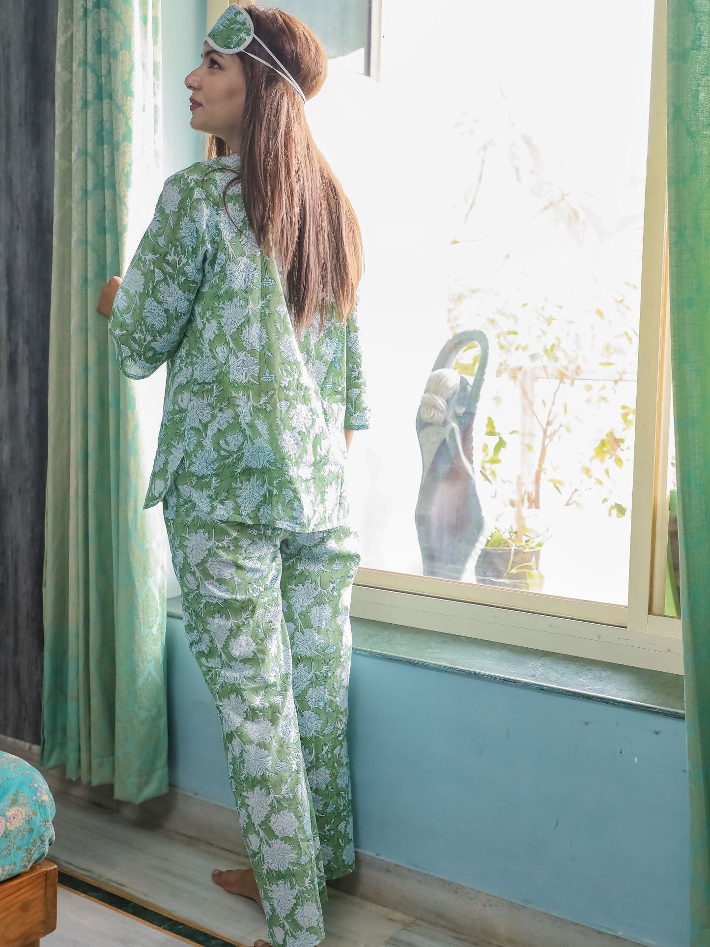 Green Grassland Block Printed Cotton Top and Pant (Set of 2)
