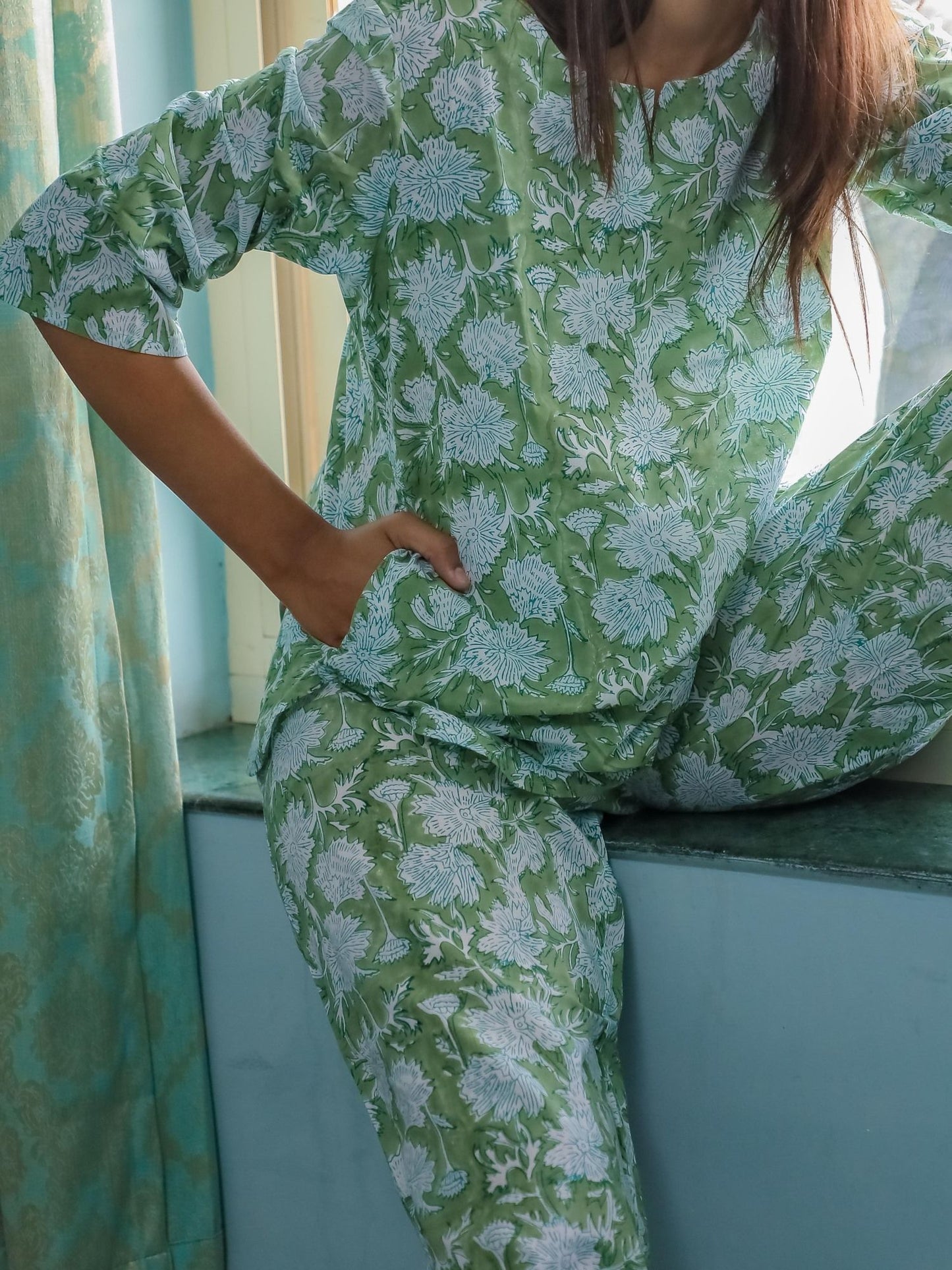 Green Grassland Block Printed Cotton Top and Pant (Set of 2)