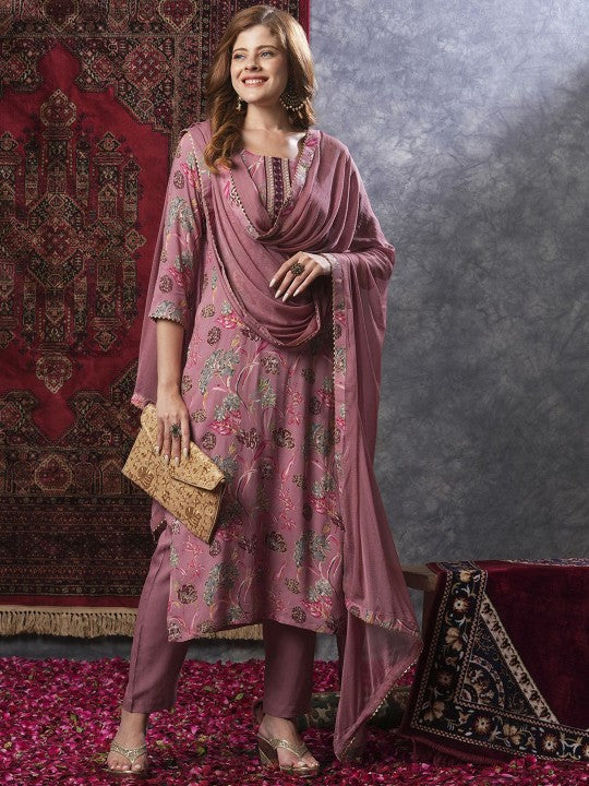 GoSriKi Floral Printed Straight Kurta with Trousers & Dupatta