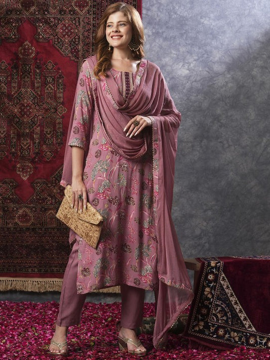 GoSriKi Floral Printed Straight Kurta with Trousers & Dupatta