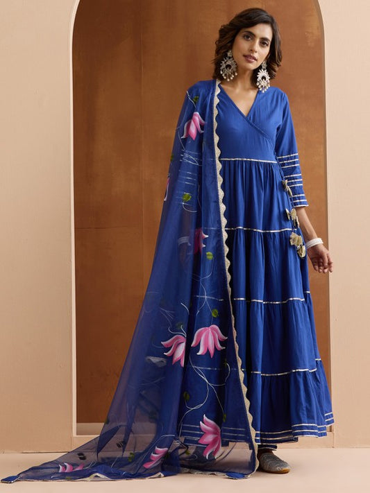 Ishin Gotta Patti Pure Cotton Anarkali Kurta With Trousers & Dupatta