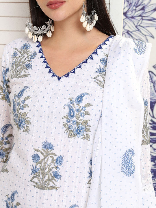 Vishudh Floral Printed Pure Cotton Straight Kurta & Trousers With Dupatta