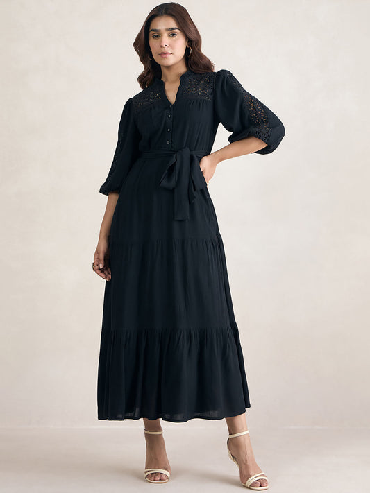 Black Schiffli Tiered Maxi Dress with Belt (Set of 2)