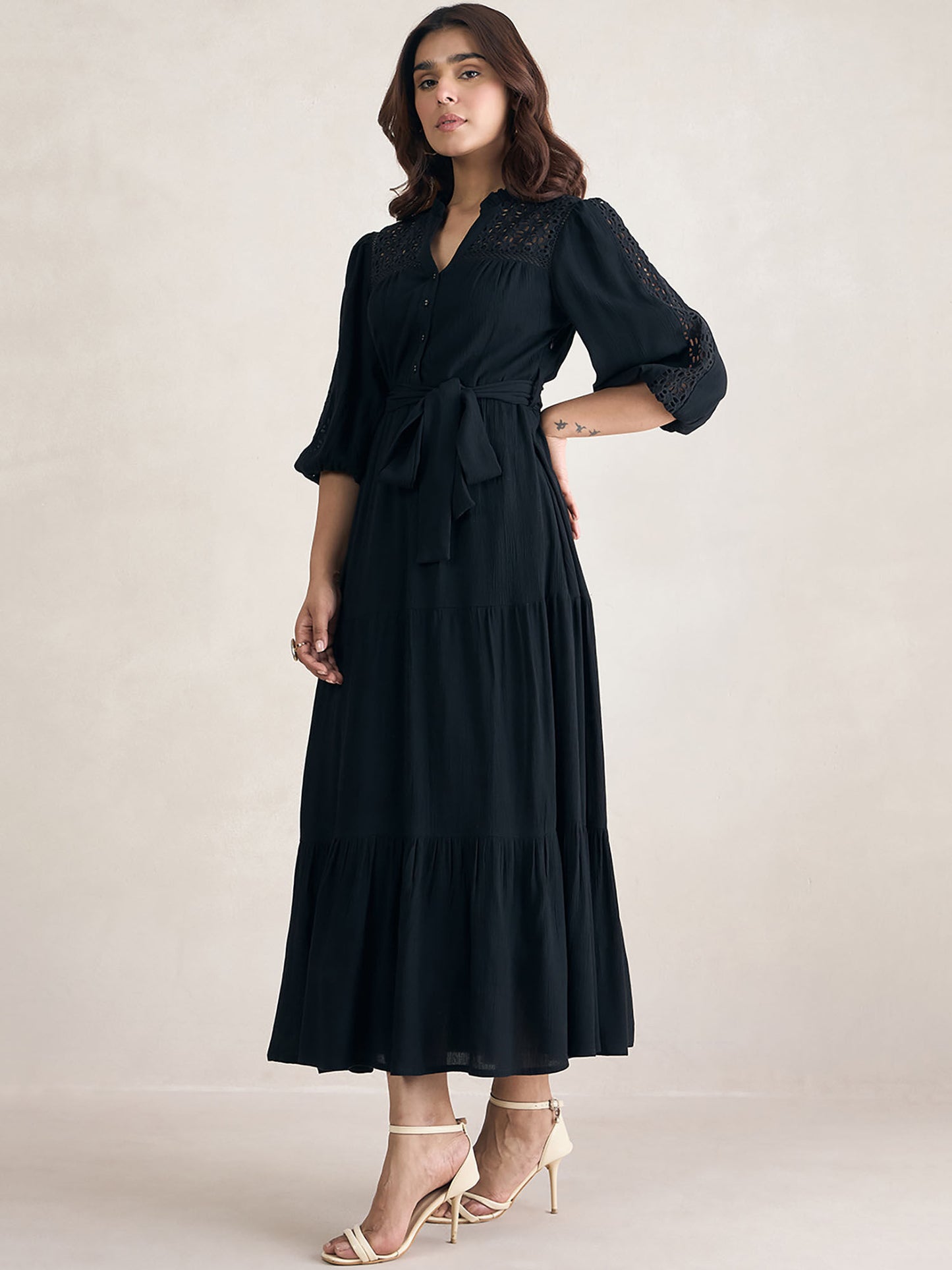 Black Schiffli Tiered Maxi Dress with Belt (Set of 2)