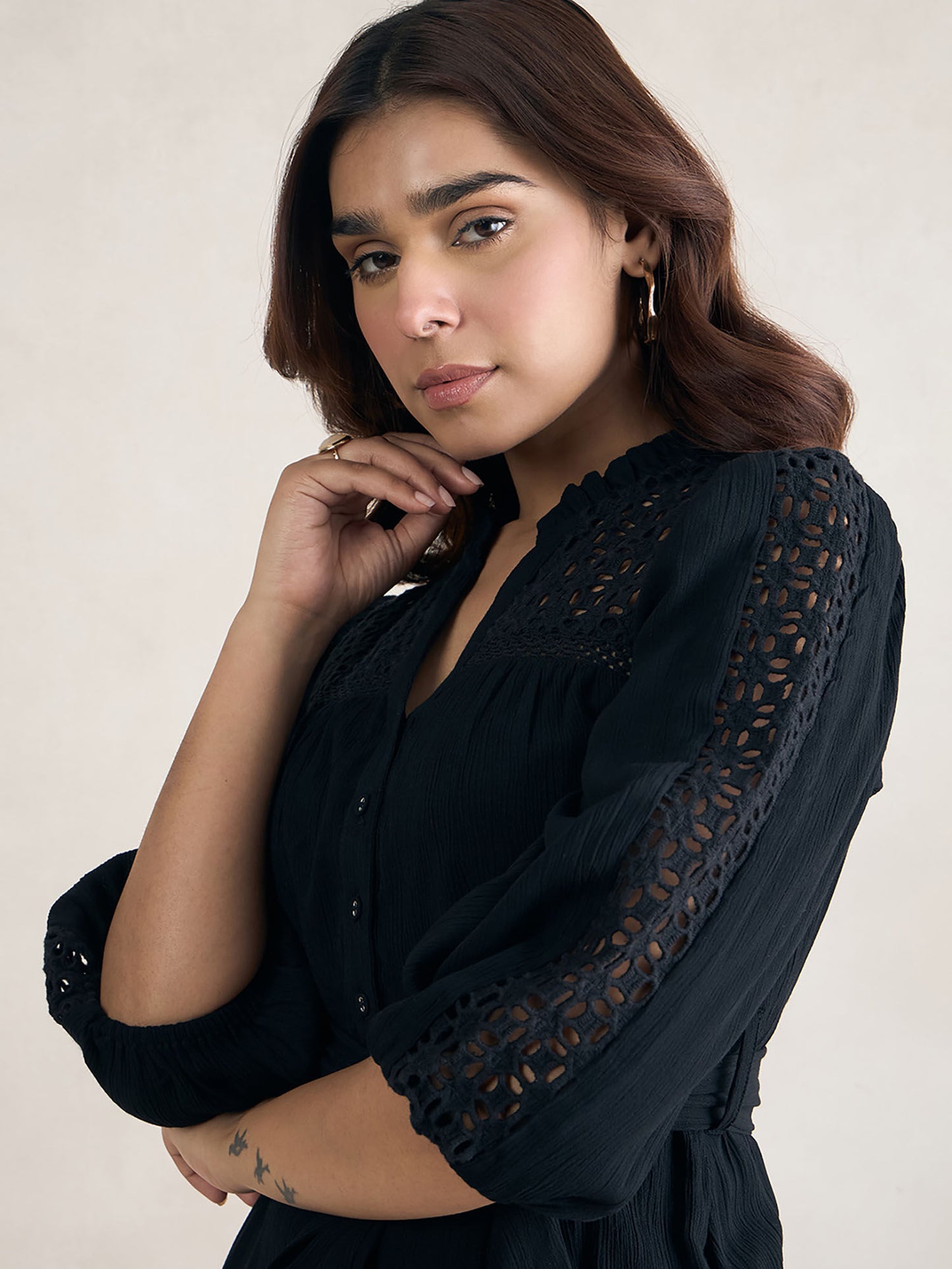Black Schiffli Tiered Maxi Dress with Belt (Set of 2)