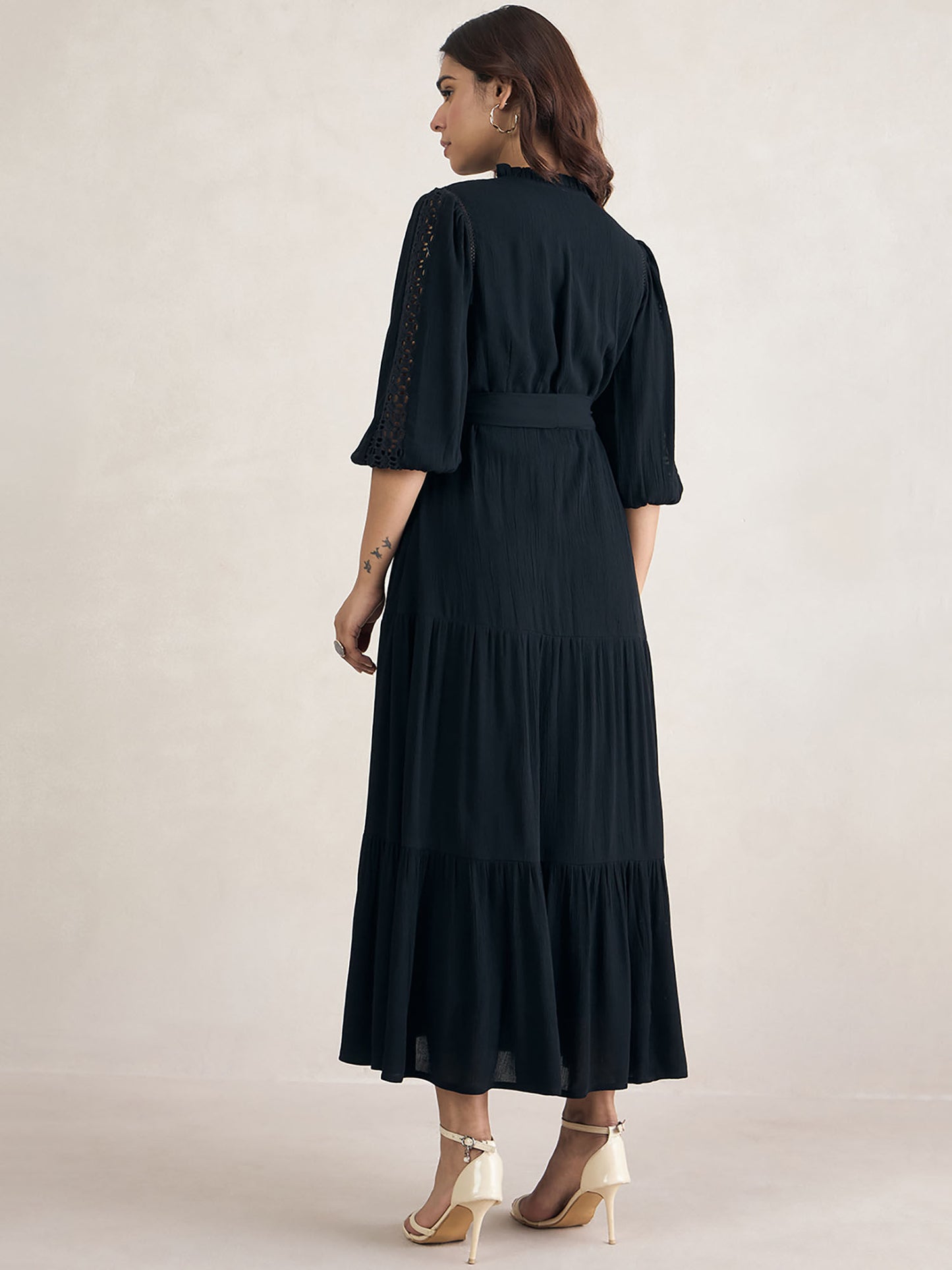 Black Schiffli Tiered Maxi Dress with Belt (Set of 2)