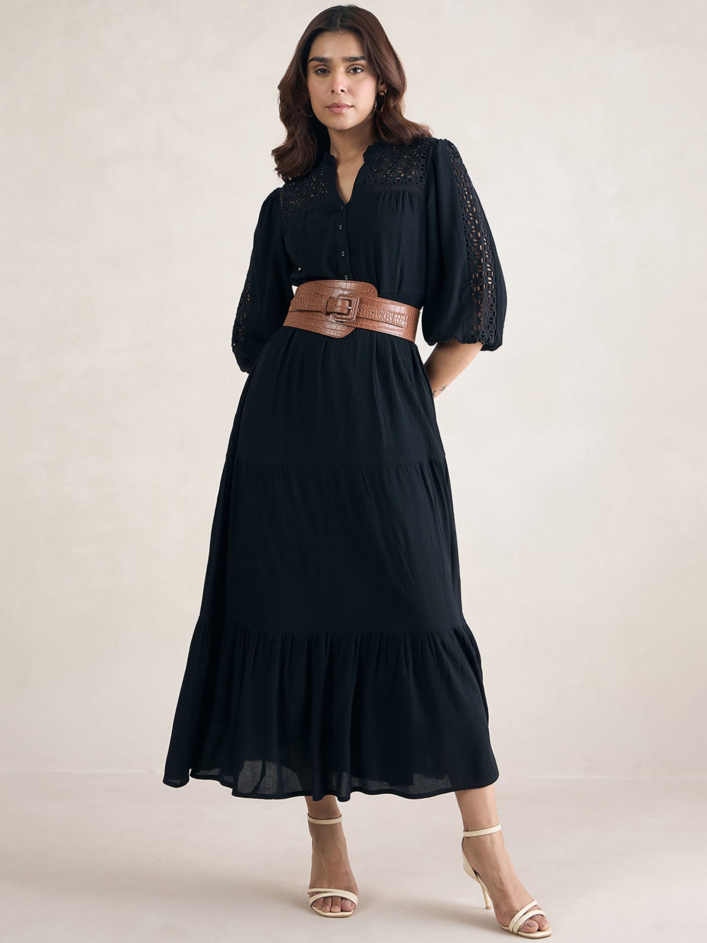Black Schiffli Tiered Maxi Dress with Belt (Set of 2)
