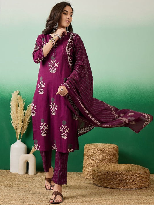 Printed Pure Cotton Straight Kurta With Trousers & Dupatta