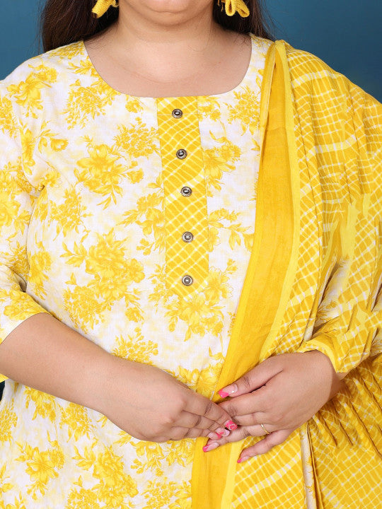Swasti Plus Size Floral Printed Pure Cotton Straight Kurta with Palazzos & With Dupatta