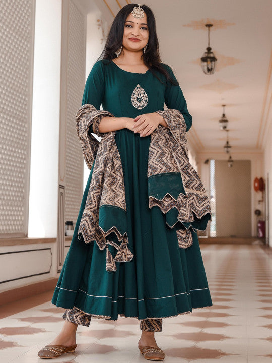 Indian Virasat Women Sea Green Empire Gotta Patti Pure Cotton Kurta Trousers & Dupatta