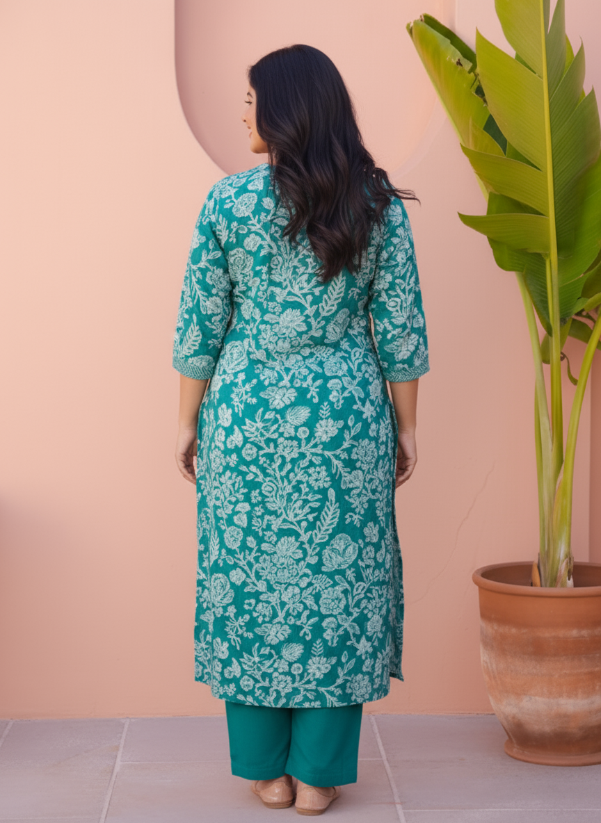 Viscose Floral Straight Teal Kurta