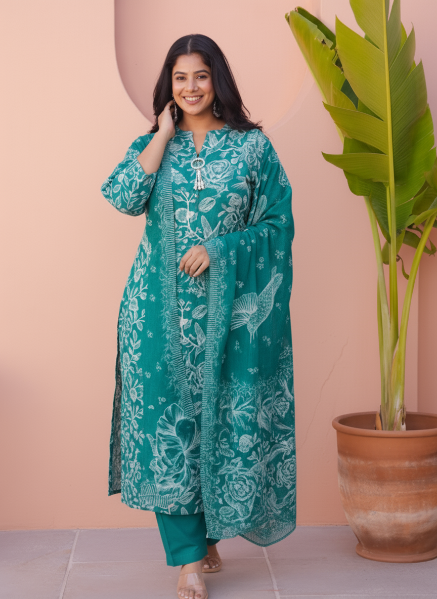 Viscose Floral Straight Teal Kurta