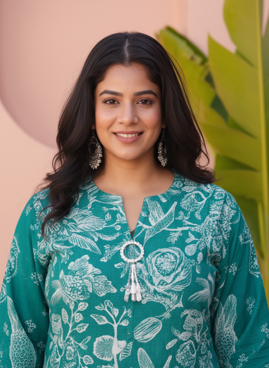 Viscose Floral Straight Teal Kurta