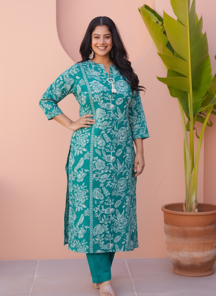 Viscose Floral Straight Teal Kurta