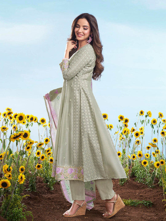 Inddus Floral Embroidered Round Neck Chikankari Anarkali Kurta & Trousers With Dupatta