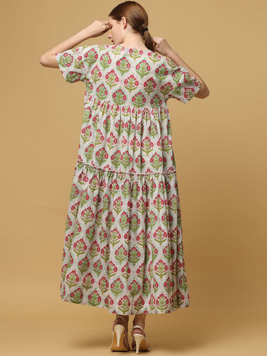 BLACK & BLAH BLAH Handblock Printed Relaxed Fit Cotton Flared Maxi Ethnic Dress