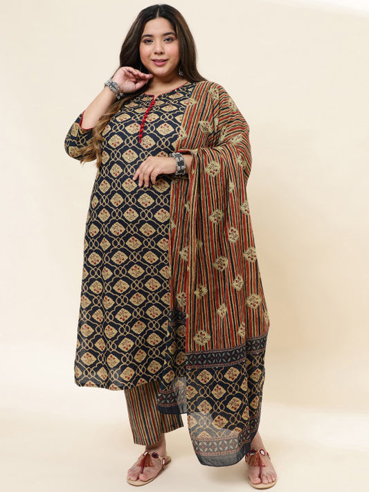 Sringam Round Neck Floral Printed Regular Pure Cotton Kurta with Trousers & With Dupatta