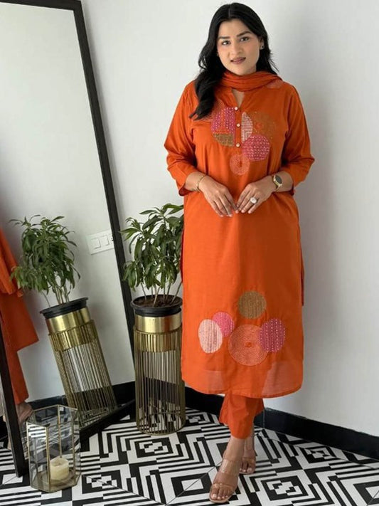 Aaysa Kurti Women Geometric Embroidered Cotton Kurta with Trousers & Dupatta