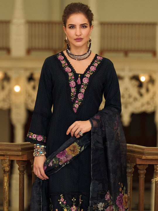 Varanga Women Floral Embroidered Cotton Kurta with Trousers & Dupatta