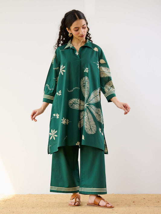 Green Plumeria Cotton Kurta and Pant Co-ord (Set of 2)