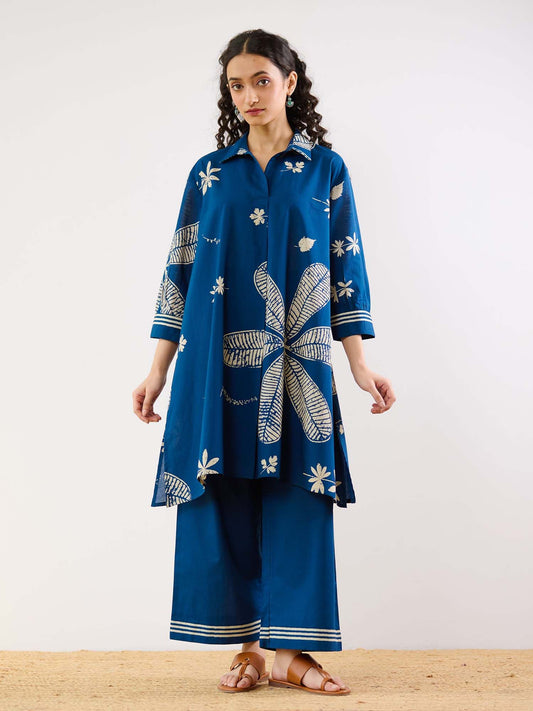 Indigo Plumeria Cotton Kurta and Pant Co-ord (Set of 2)