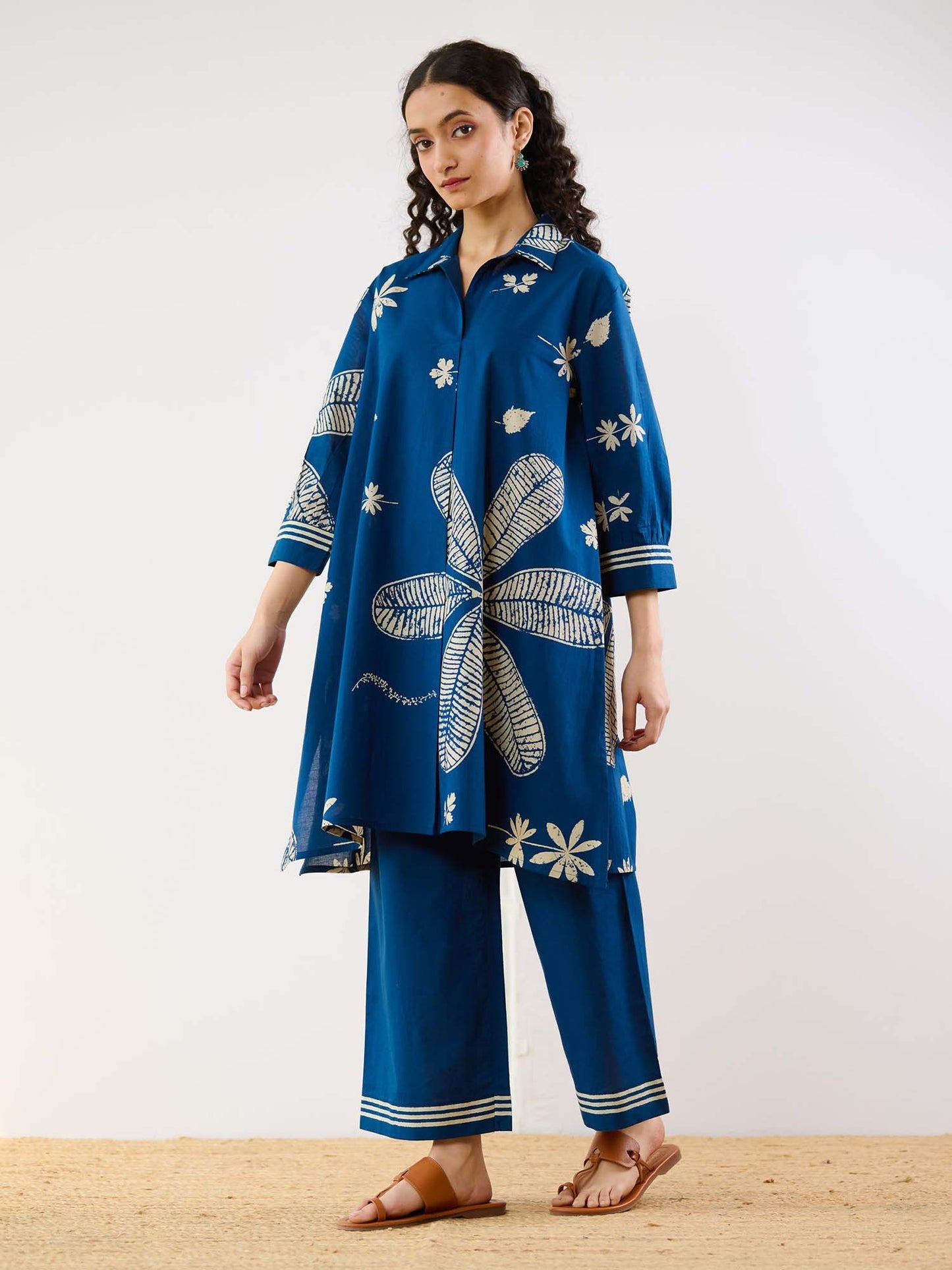 Indigo Plumeria Cotton Kurta and Pant Co-ord (Set of 2)