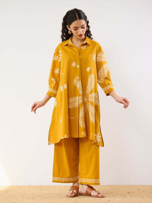 Yellow Plumeria Cotton Kurta and Pant Co-ord (Set of 2)
