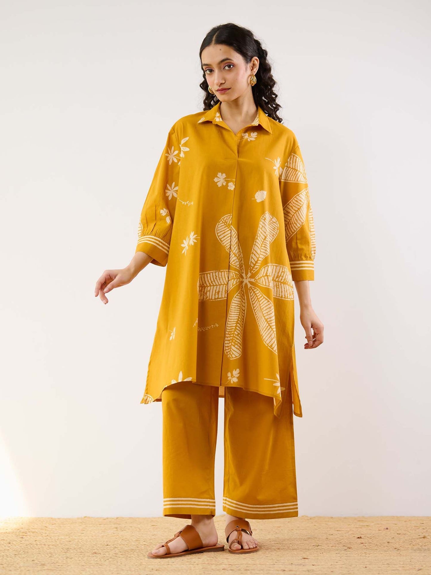 Yellow Plumeria Cotton Kurta and Pant Co-ord (Set of 2)