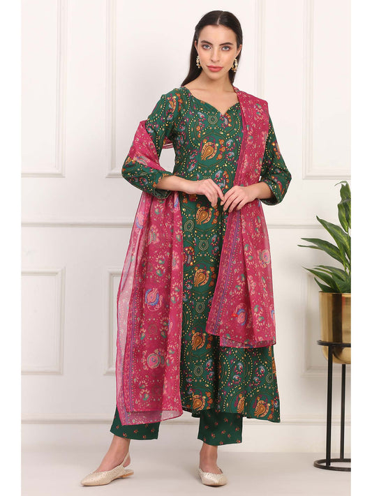 Green Viscose Floral Round Neck Kurta with Pant and Dupatta (Set of 3)
